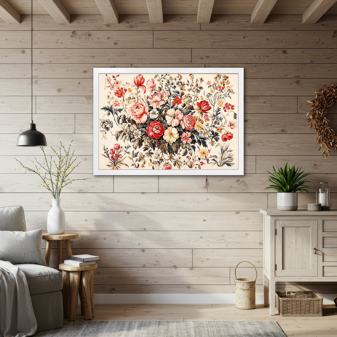 Framed Poster featuring a vintage floral print. Romantic style with a warm, inviting color palette of reds, pinks, and cream. Perfect wall decor.