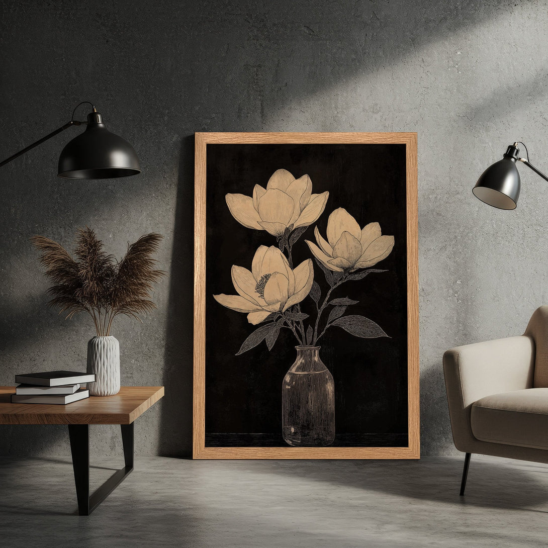 Framed Poster featuring floral illustration in neutral tones. Elegant botanical art for home decor.