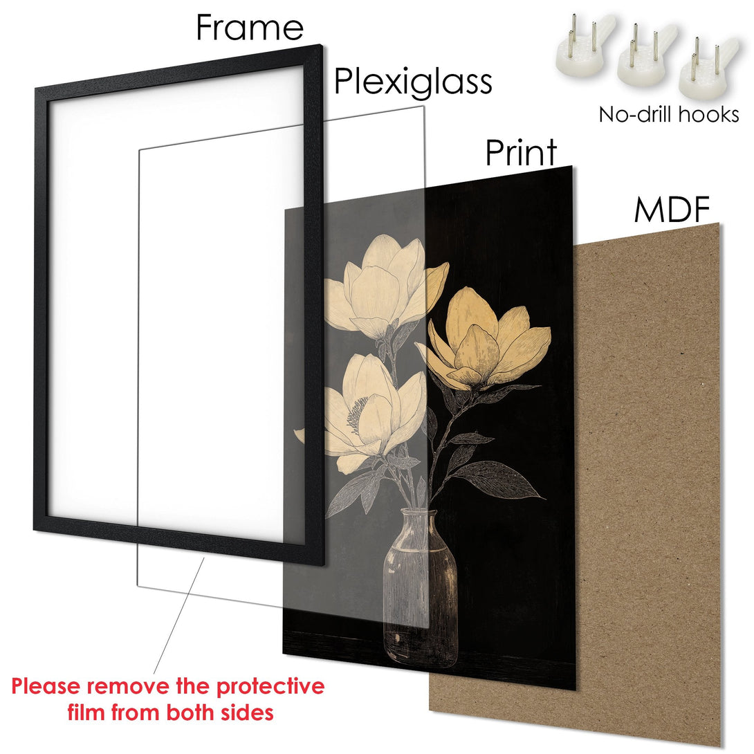 Framed Poster featuring elegant floral art in a black, gold, and neutral color palette. Perfect wall decor!