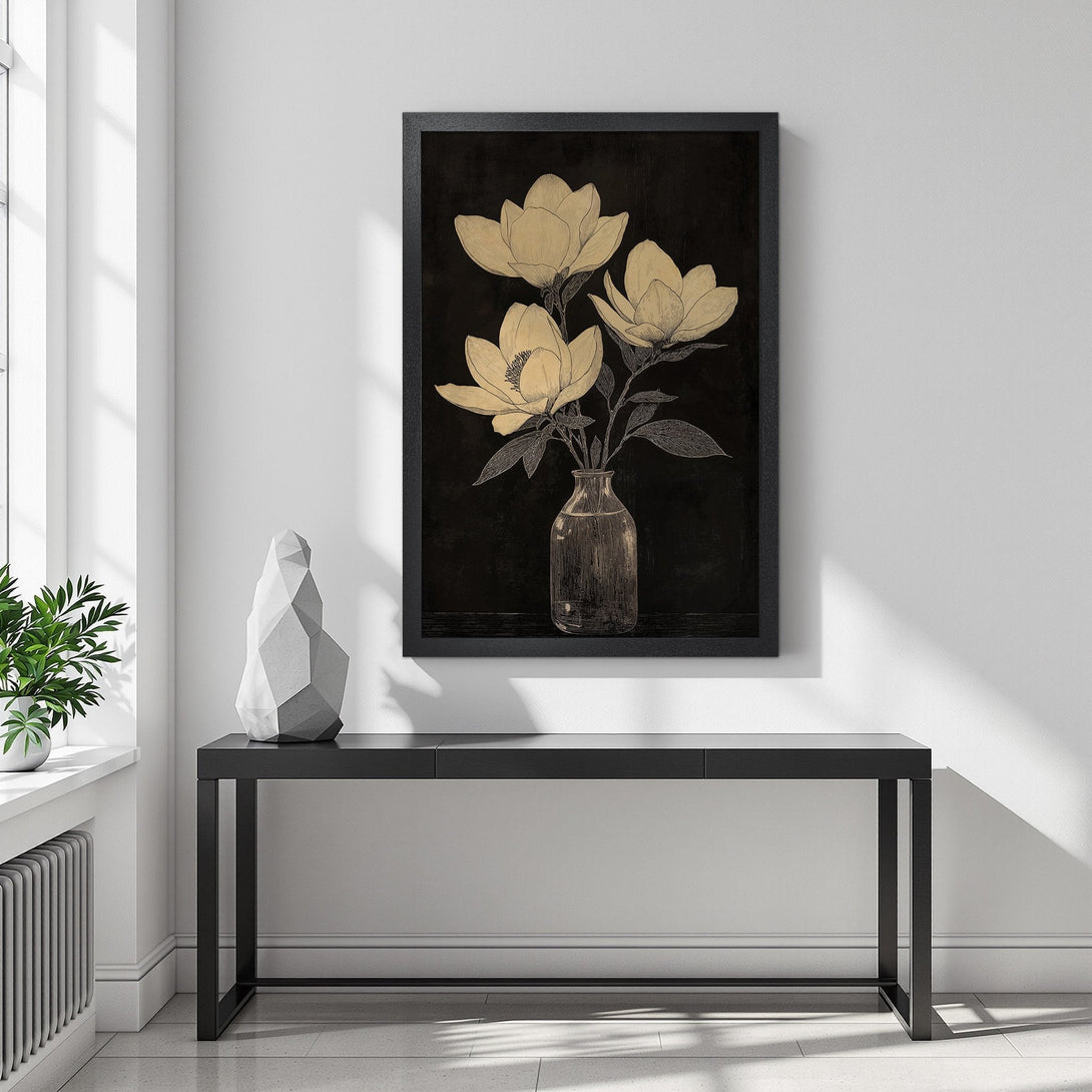 Framed Poster featuring elegant floral artwork in gold and black, perfect for modern home decor.