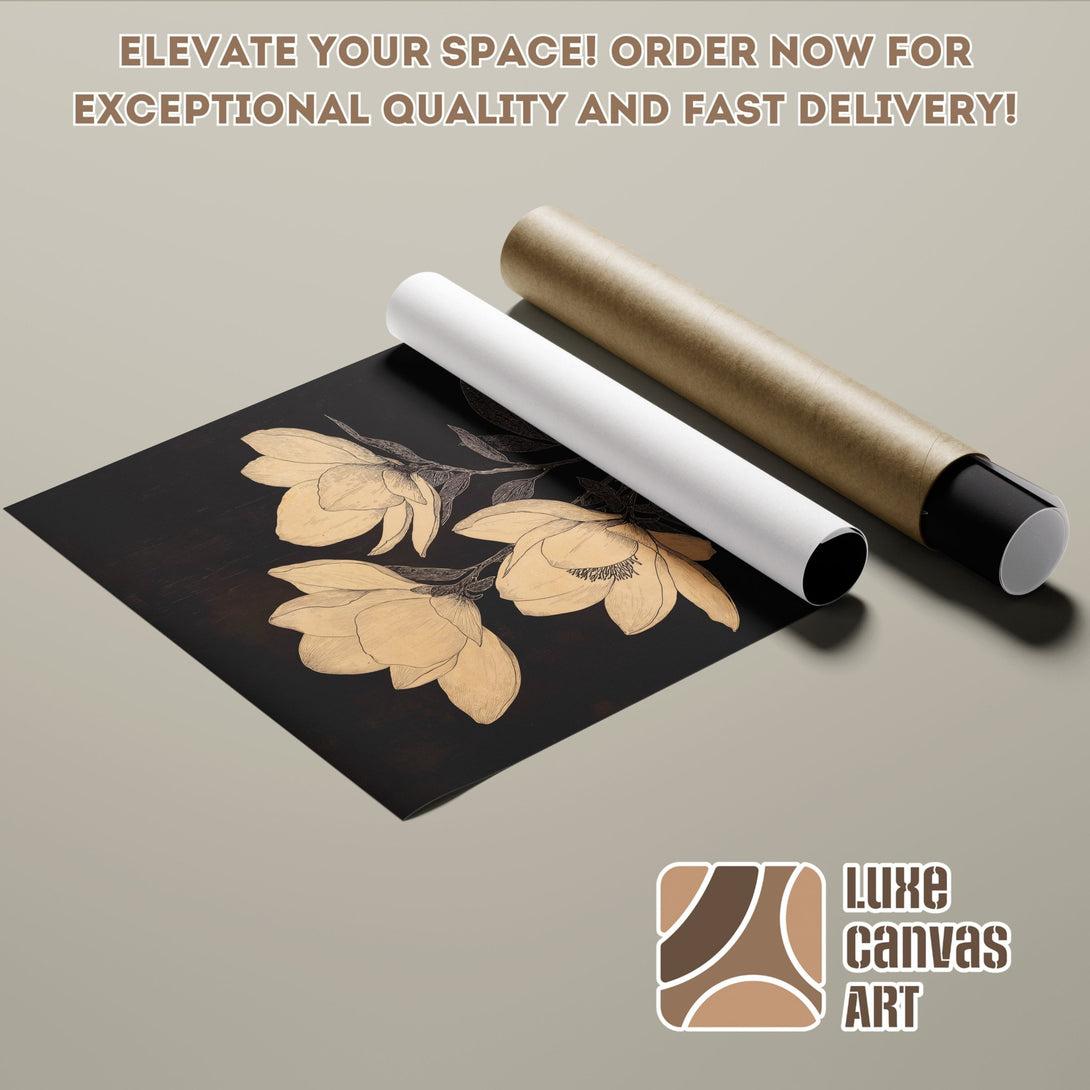 Poster Roll featuring floral art in black and gold. Modern style, neutral color palette. Elevate your space with Luxe Canvas Art!