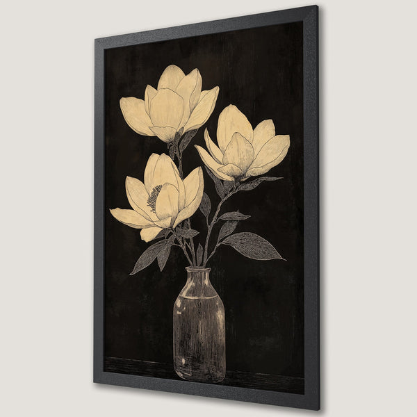 Framed Poster featuring a botanical illustration of magnolia flowers in a vase, vintage style, with a black and beige color palette.