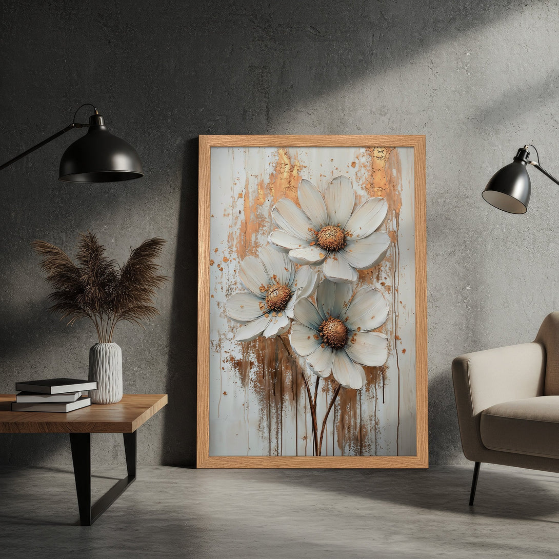 Framed Poster featuring elegant white flower art with gold accents. Modern style, neutral color palette for a sophisticated interior.