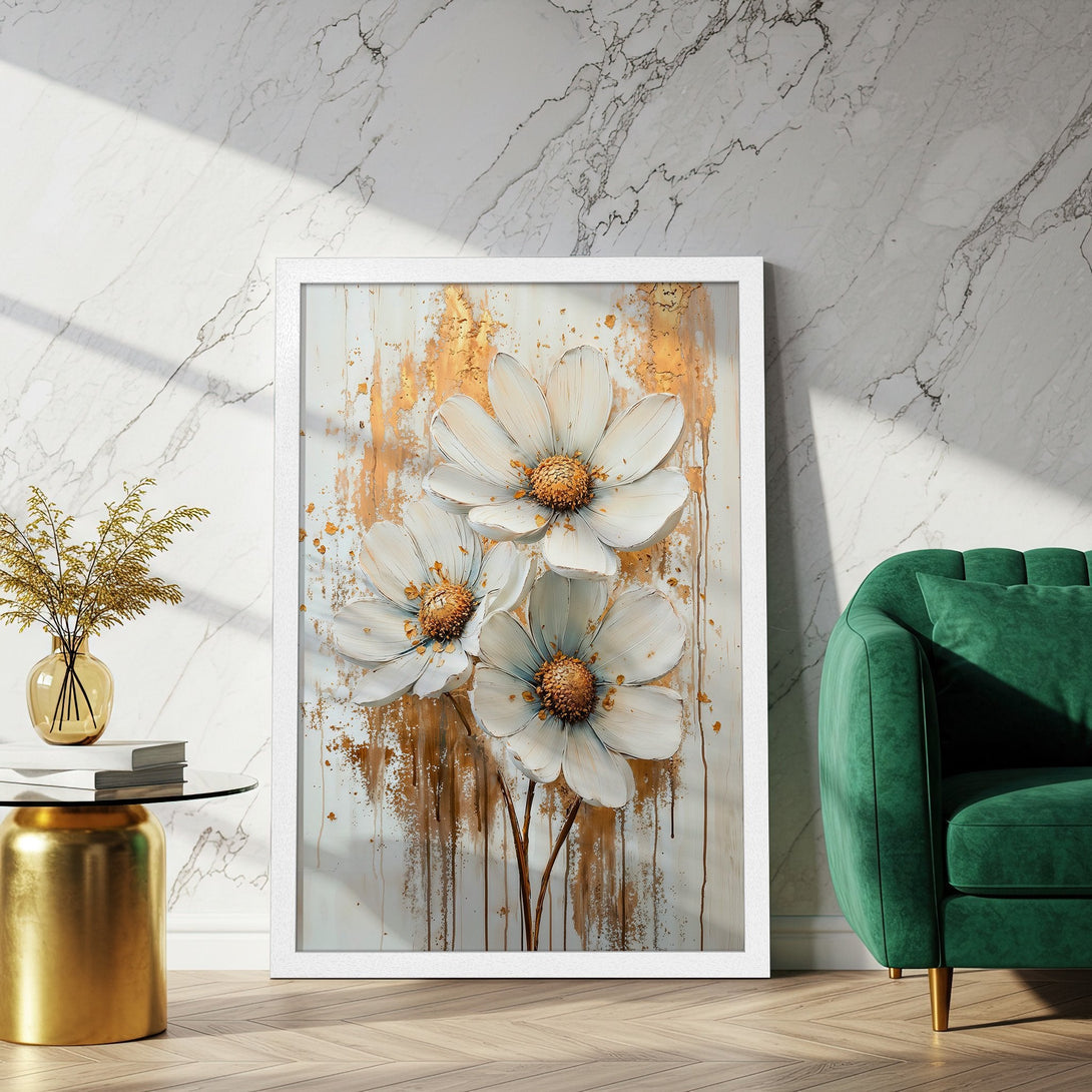 Framed Poster featuring elegant white flower art with gold accents, a modern and stylish addition to any home decor.