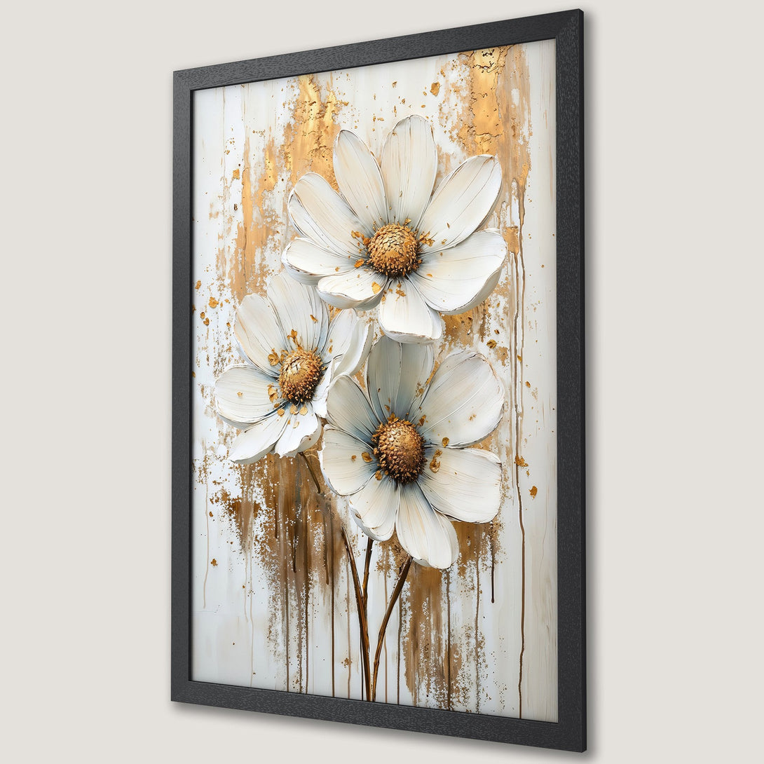 Framed Poster featuring white floral art with gold accents on a textured background. Modern abstract style, neutral color palette.