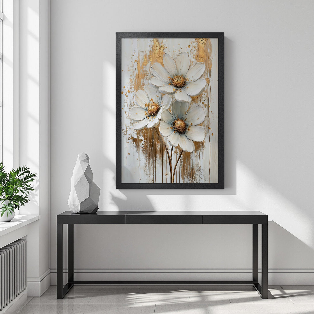 Framed Poster featuring elegant white flower art with gold accents. Modern style, neutral color palette for home decor.