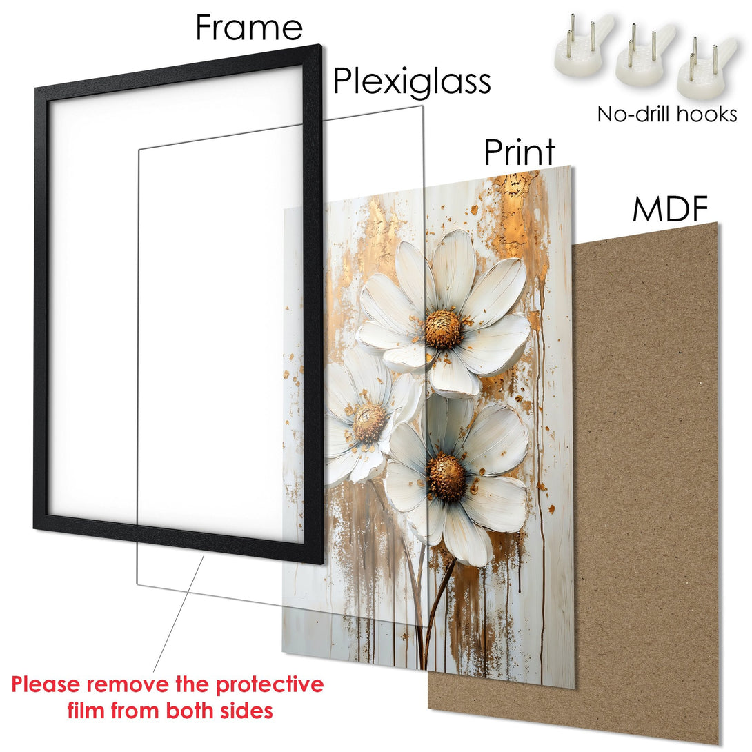 Framed Poster featuring white floral art with gold accents. Elegant style, neutral color palette. Perfect wall decor.