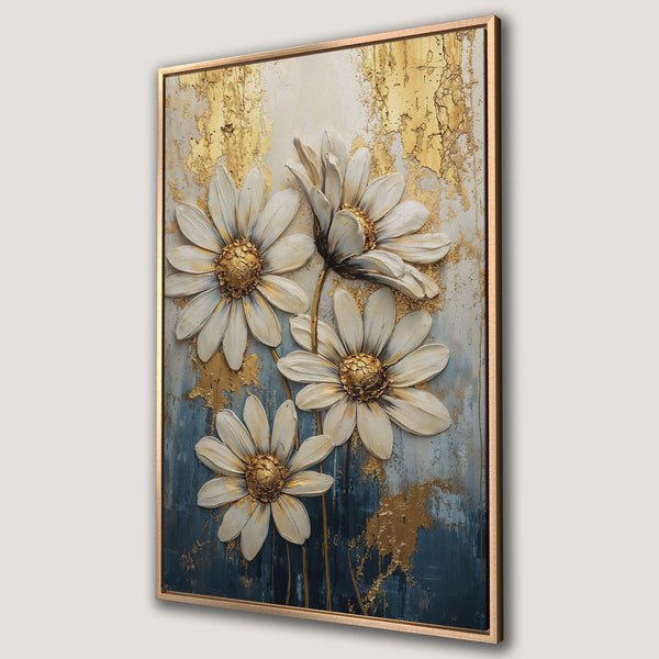 Framed Wall Art featuring textured white daisies with gold accents on a blue and gold abstract background. Modern floral decor for your home.