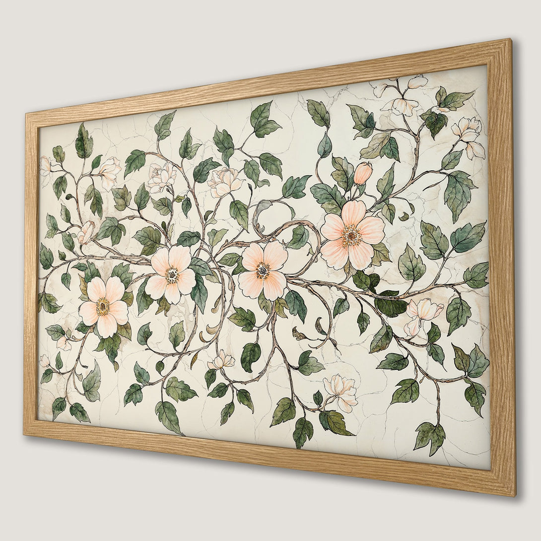 Framed Poster featuring delicate floral illustration in soft peach and green tones, perfect for adding a touch of elegance to your space.