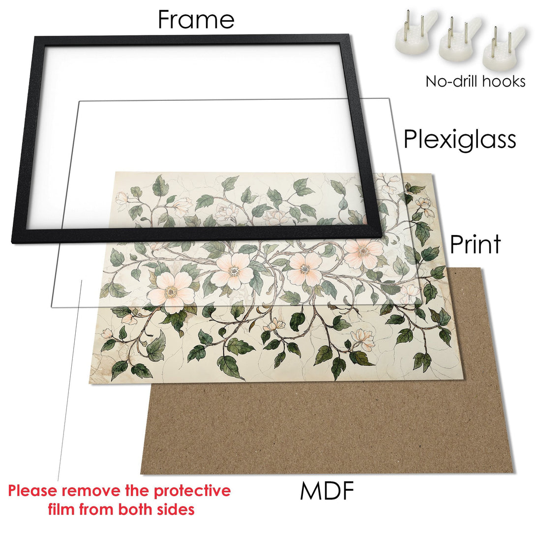 Framed Poster featuring floral artwork in a vintage style with a neutral and pastel color palette. Perfect for adding a touch of elegance!