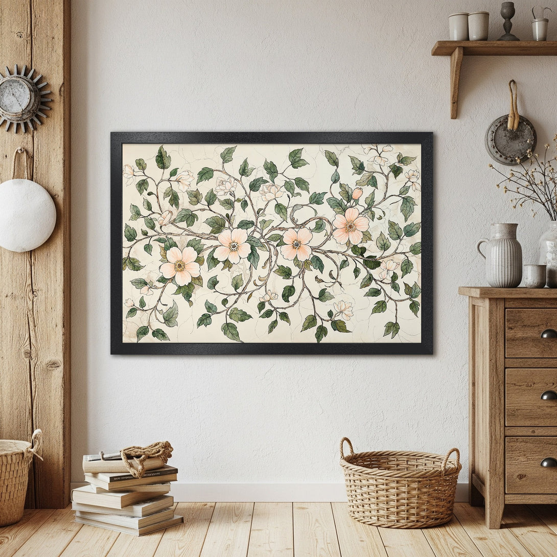 Framed Poster featuring floral art in a vintage style, with a soft pink and green color palette. Perfect wall decor.