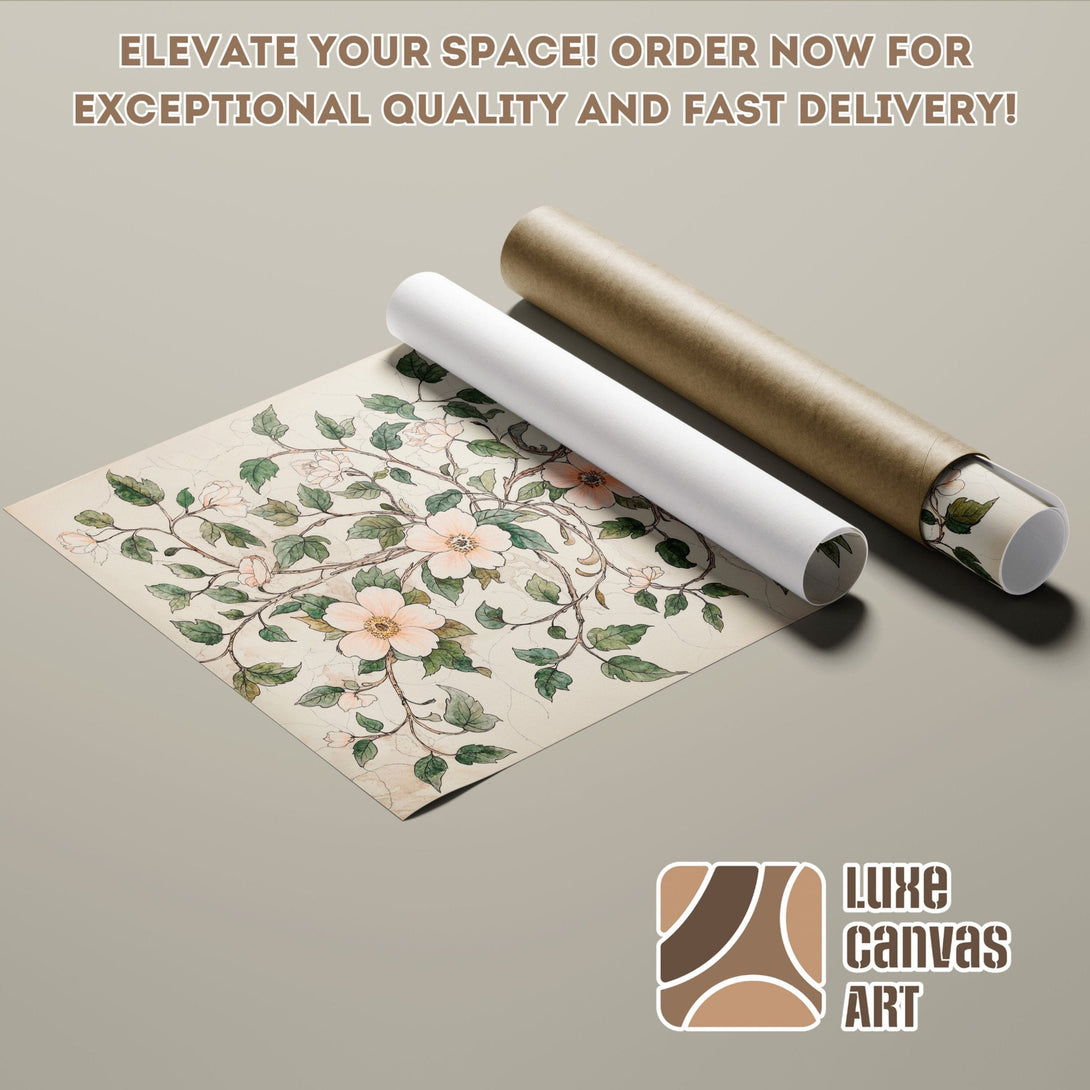 Floral Poster Roll, vintage style with beige, green, and peach tones. Elevate your space!