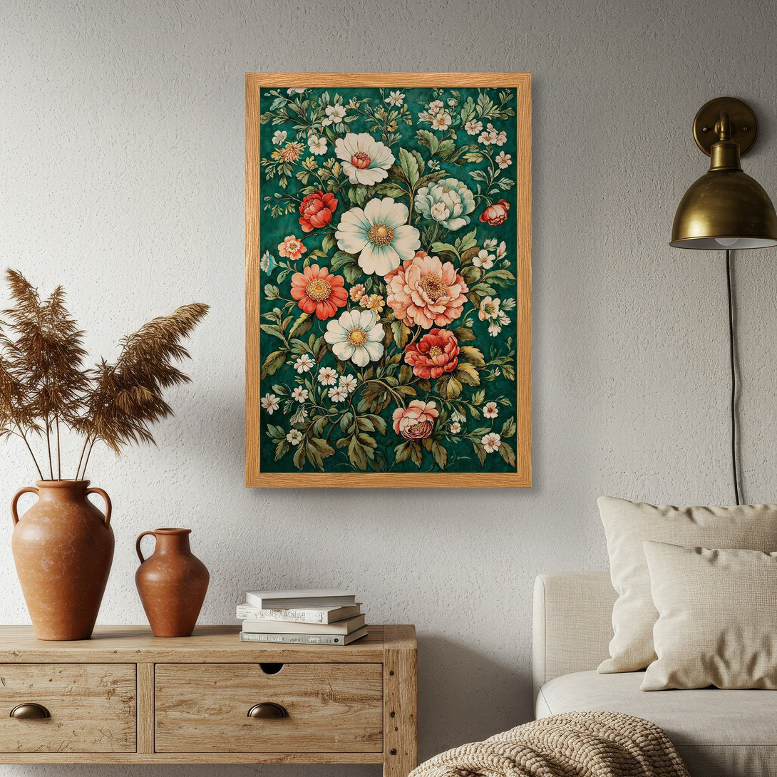Framed Poster featuring a floral botanical design in a vintage style with a green and warm color palette. Perfect wall art!