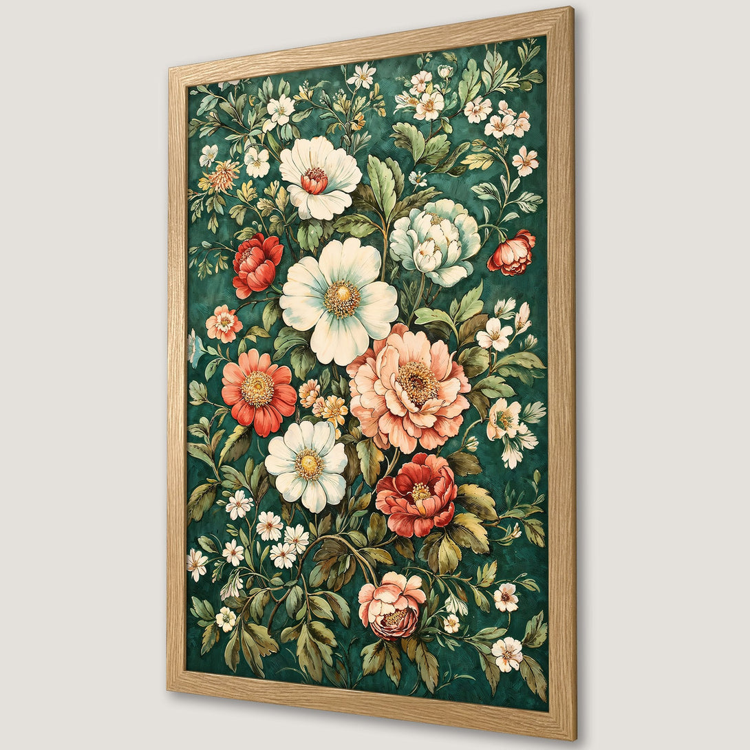 Framed Poster featuring watercolor floral art. Lush flowers in red, white, & peach against a dark green background. Perfect wall decor.
