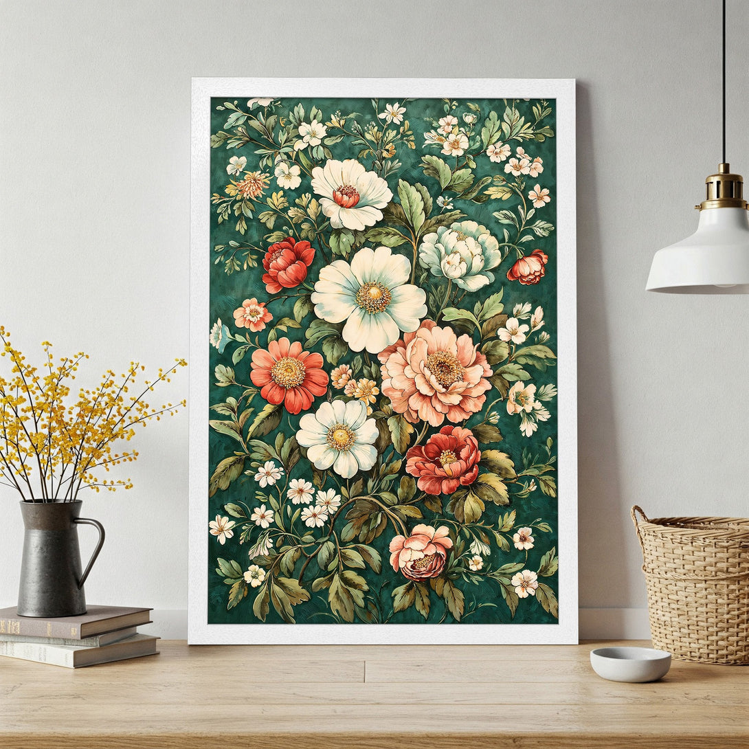Framed Poster featuring a floral design in a vintage style with a green, red, and cream color palette. Perfect wall art!