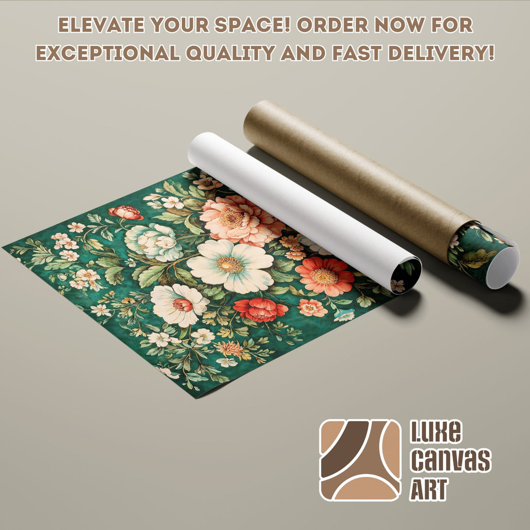 Poster Roll featuring a floral design with a teal and warm color palette. Elevate your space with our art!