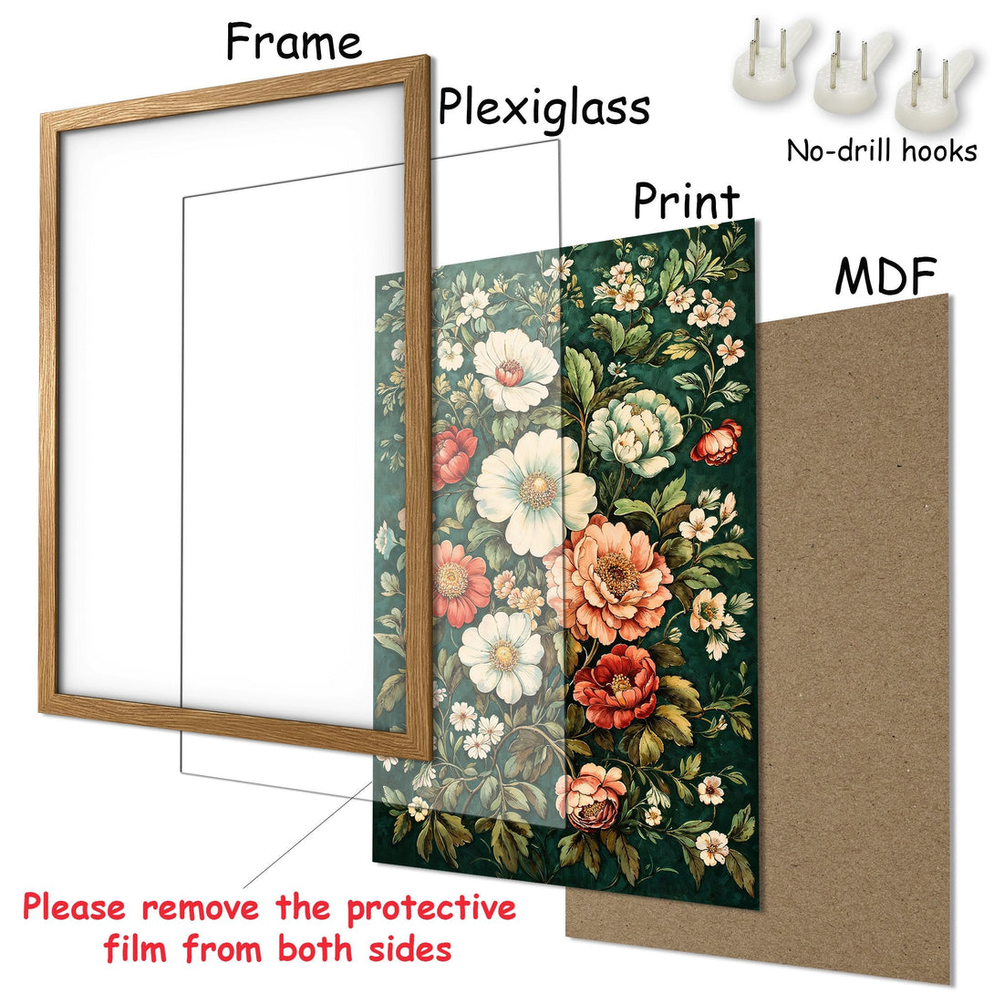Framed Poster with floral design in green, red, and white. Elegant art for your home! Includes frame, plexiglass, and no-drill hooks.