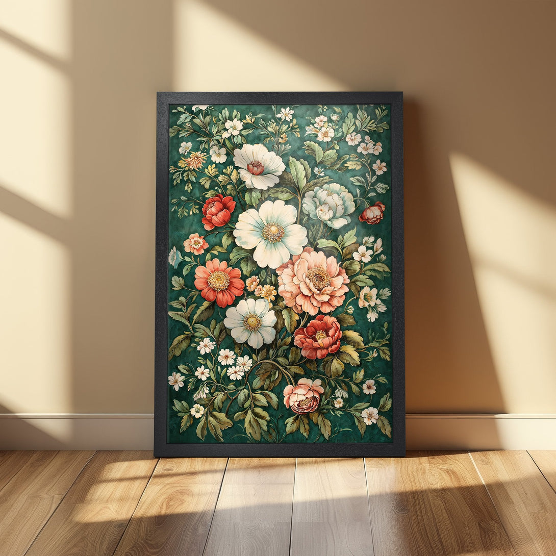 Framed Poster featuring a floral design with a green, red, and white color palette. Perfect wall art for any room!