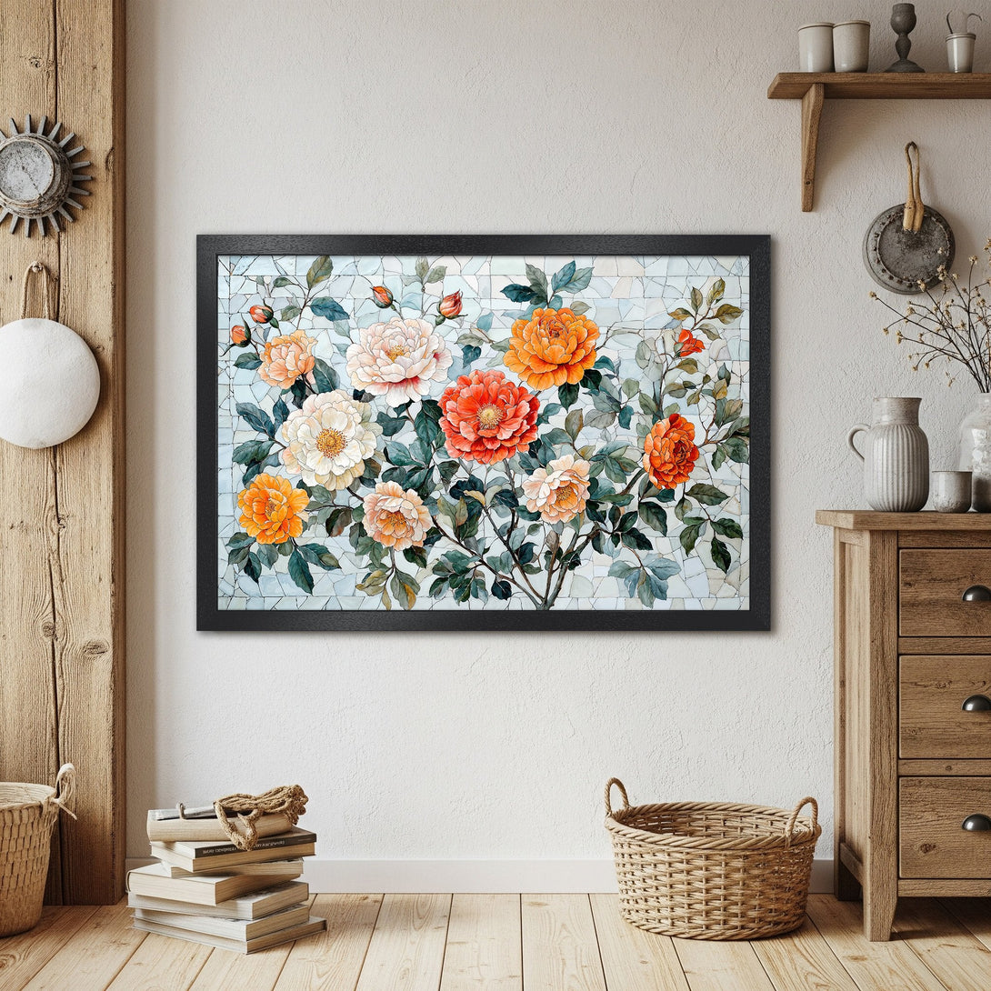 Framed Poster of floral artwork in watercolor style with a warm orange and white color palette. Perfect wall art!
