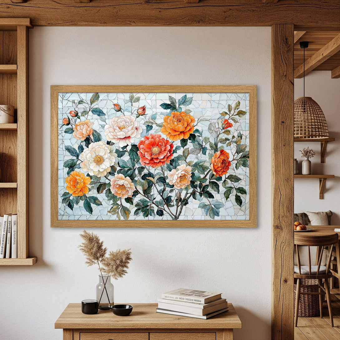 Framed Poster featuring floral art in warm orange and white tones, perfect for home decor.