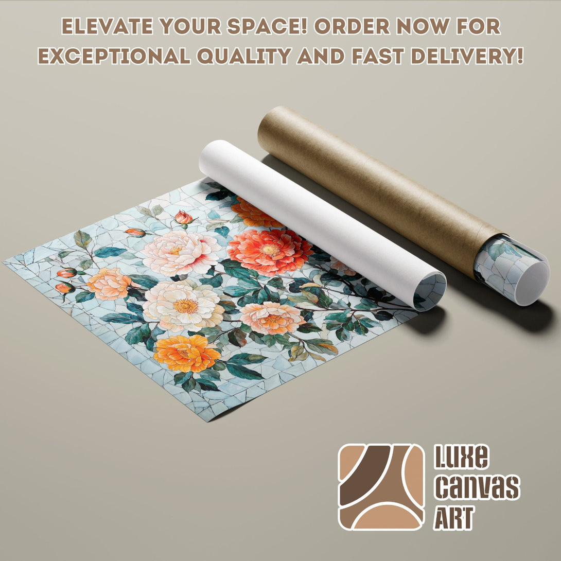 Floral Poster Roll with watercolor style and orange, peach, and blue color palette.