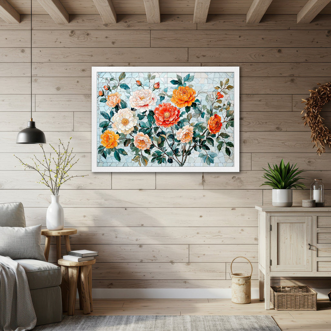 Framed Poster featuring vibrant floral art in watercolor style with orange, red, and white blooms. Perfect for adding a touch of nature to your decor.