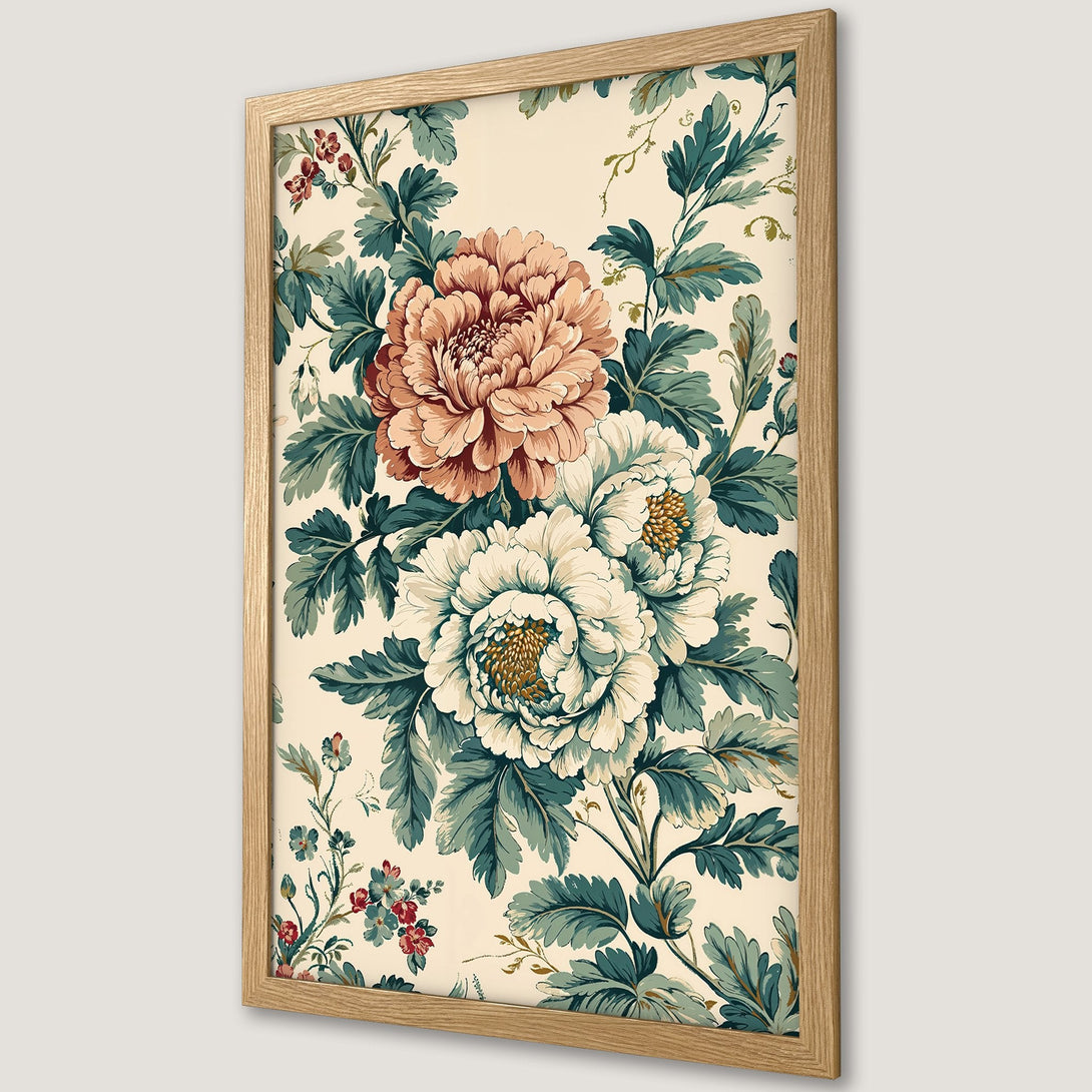 Framed Poster featuring floral design, vintage style, with a cream, teal, and coral color palette. Perfect wall art for your home!