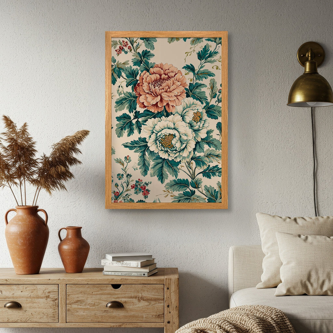Framed Poster featuring floral design in teal, peach, and cream. Elegant art print for home decor.