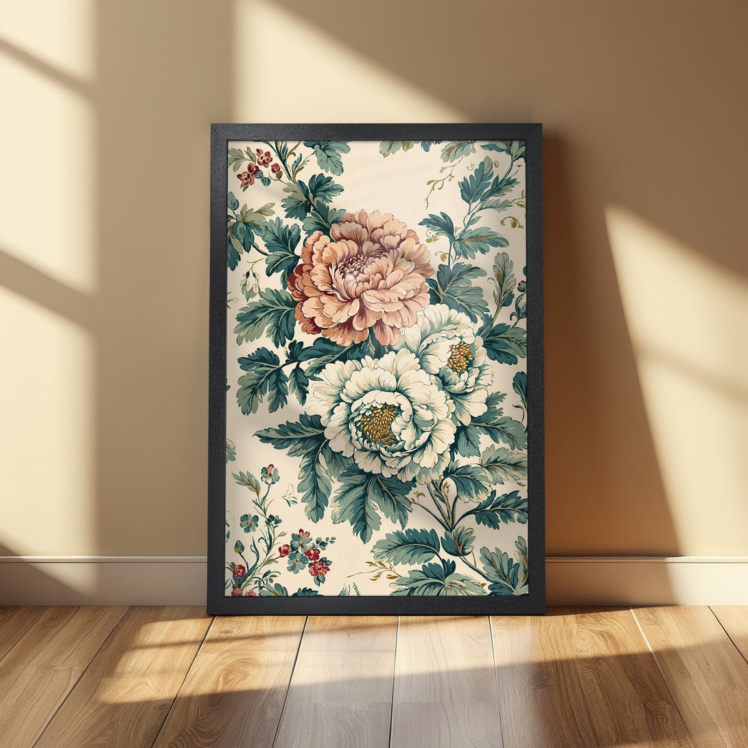 Framed Poster featuring floral design in vintage style, with peach, teal, and cream color palette. Perfect wall decor.