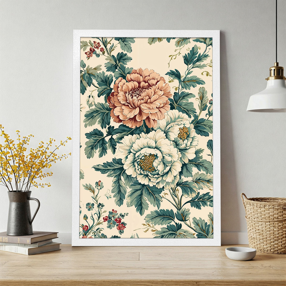Framed Poster featuring floral design with peach, teal, and cream color palette. Vintage botanical art perfect for home decor.