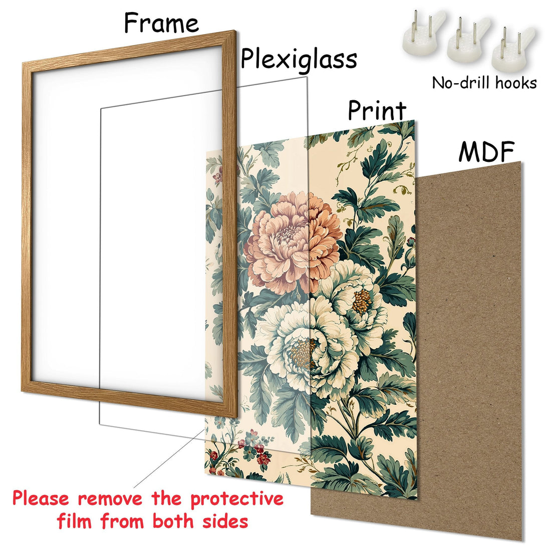 Framed Poster with floral design. Vintage style, featuring peach, cream, and teal hues. Add elegance to your space with this beautiful art.