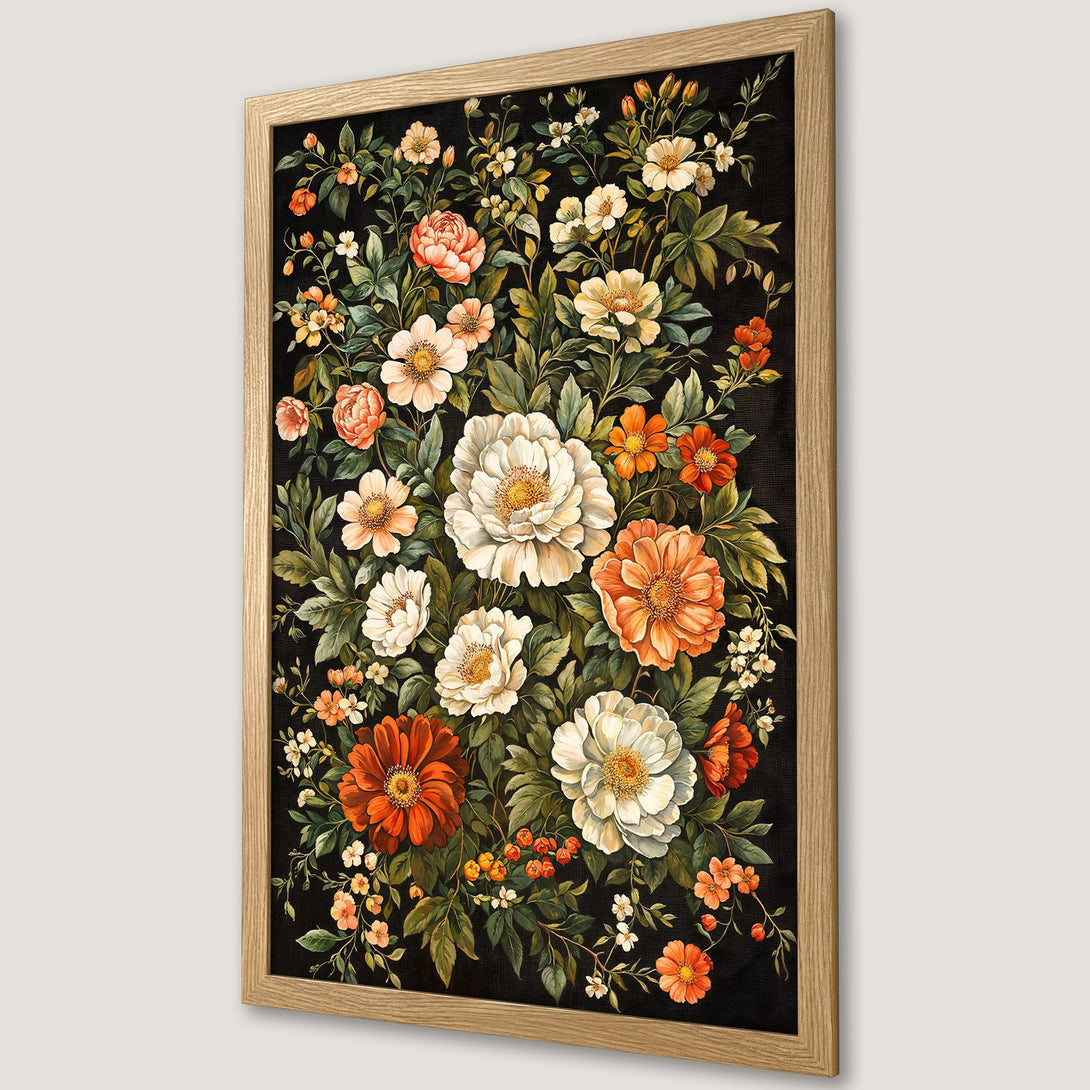 Framed Poster featuring floral artwork in a vintage style with a dark background and warm orange, white, and green color palette.