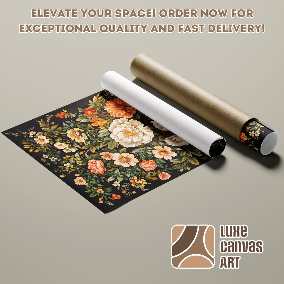 Floral Poster Roll art print with a dark background and warm color palette. Order now!