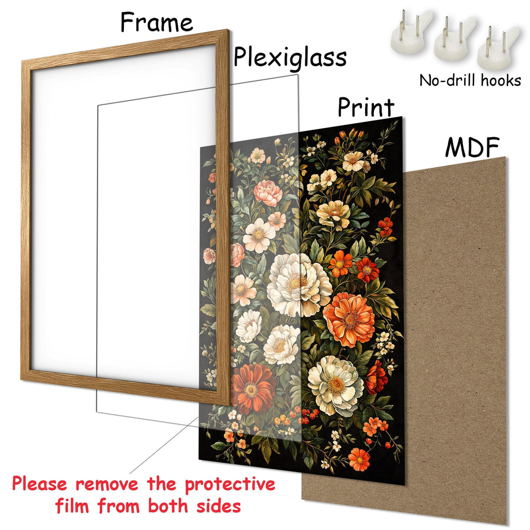 Framed Poster featuring a floral design in a vintage style with a black background and a warm color palette. Ready to hang!