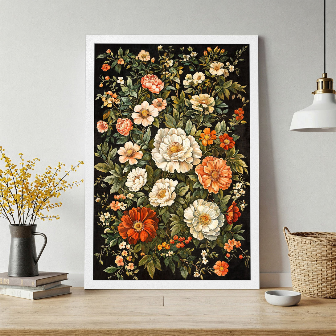 Framed Poster featuring a vibrant floral arrangement with a dark background. Vintage style, orange, white, and green color palette. Perfect wall art!