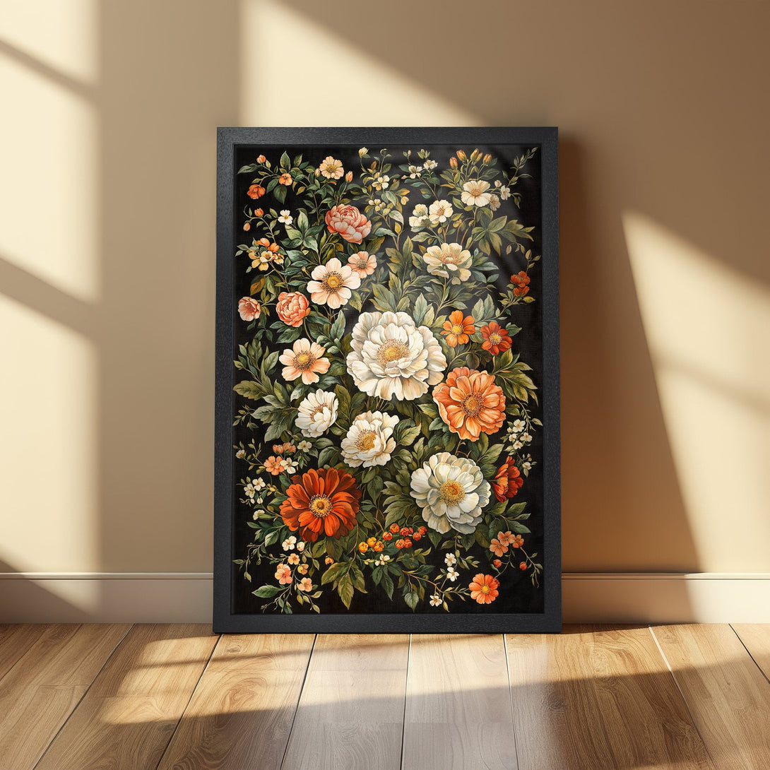 Framed Poster featuring a floral design in a vintage style, with a black background and warm orange, white, and green colors.