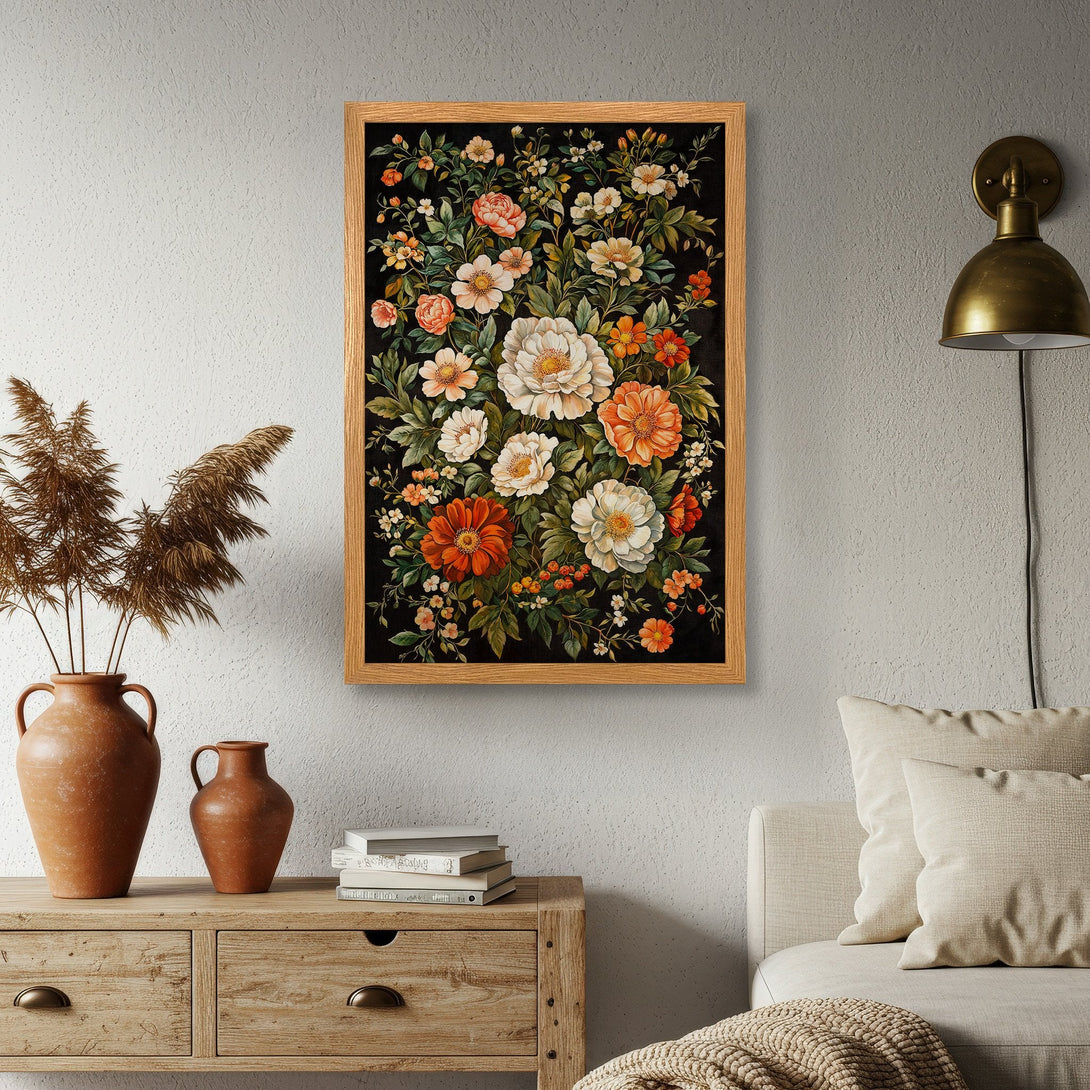 Framed Poster featuring a floral arrangement in a vintage style with a warm, inviting color palette of orange, white, and green.