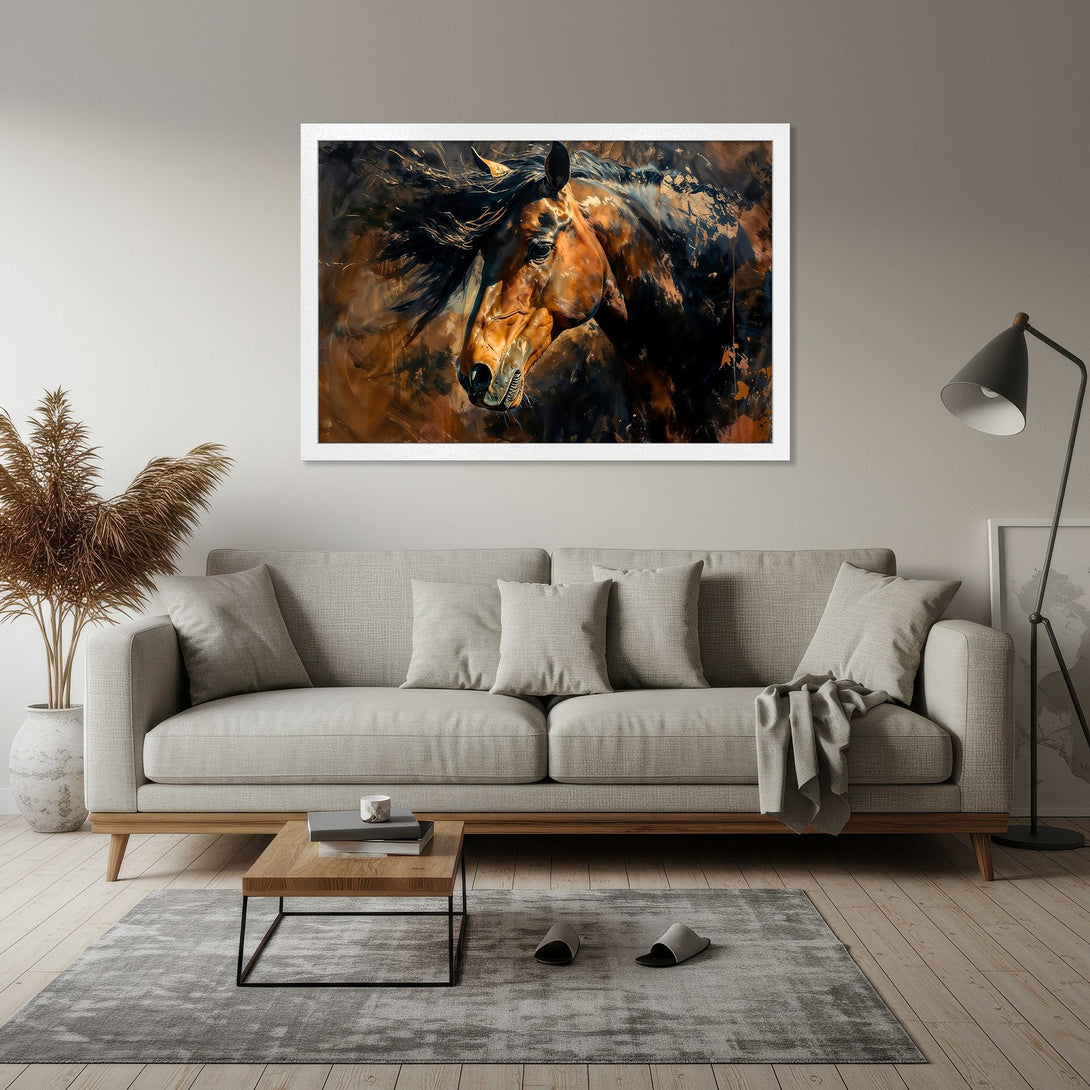Framed Poster featuring a majestic horse in an abstract style, warm brown and black color palette. Elevate your space with this art print!