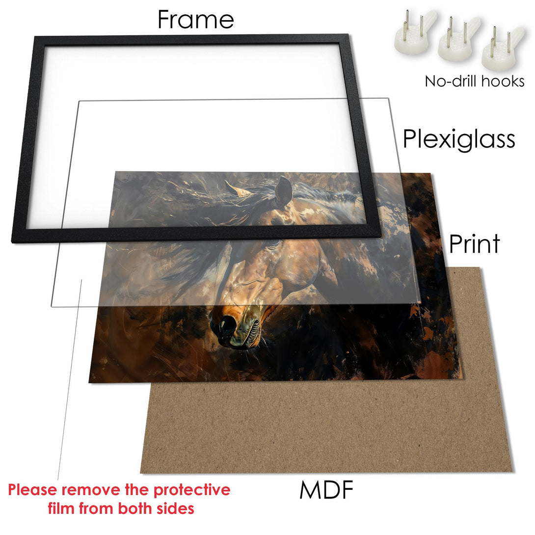 Framed Poster of a horse in a painterly style with a warm, earthy color palette. Perfect art for your home!