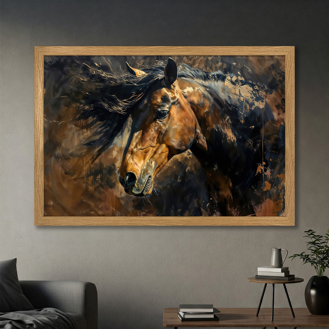 Framed Poster featuring a majestic horse in an abstract style, rich brown and gold color palette. Elevate your space with this stunning artwork!