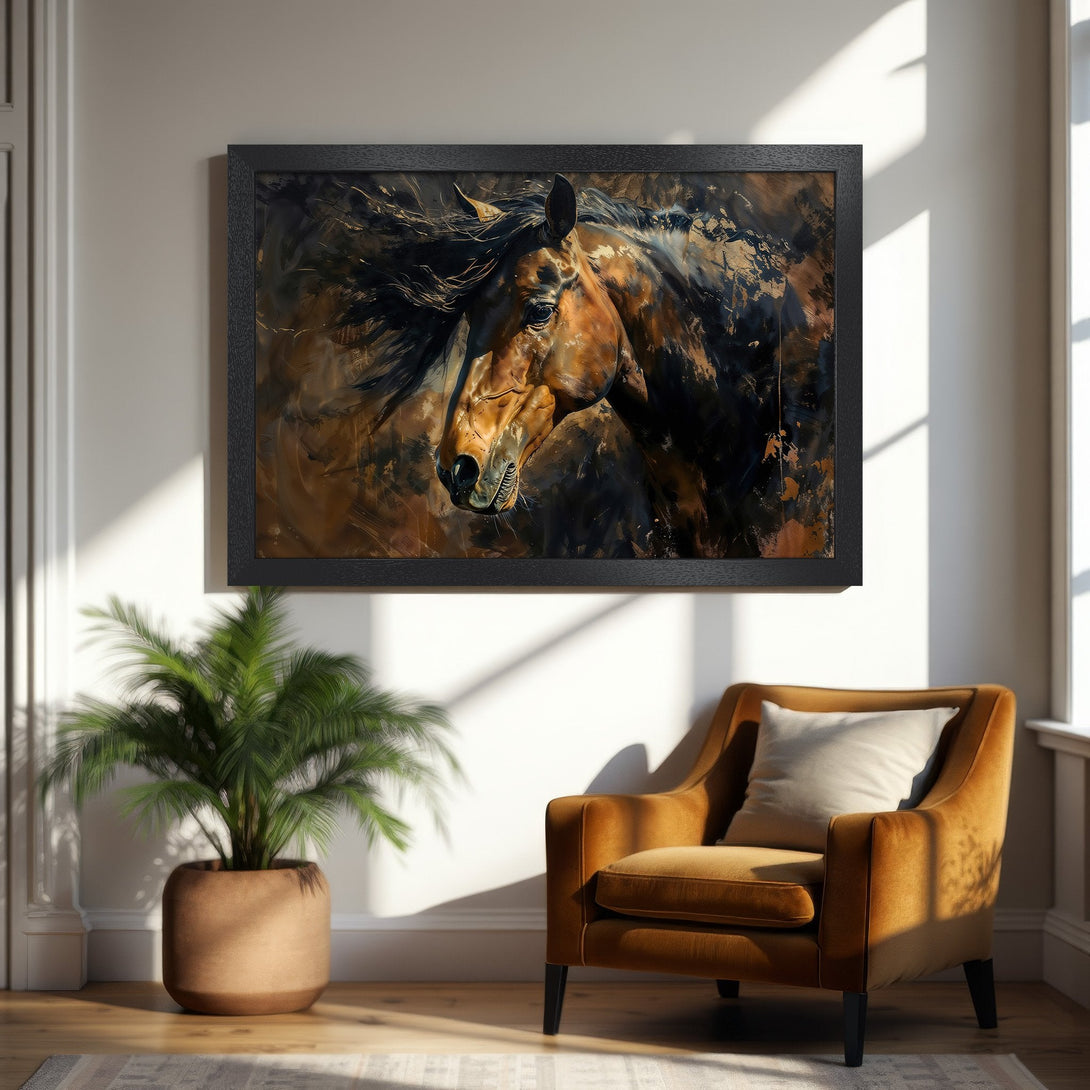 Framed Poster of a majestic horse in an abstract style with a warm brown and gold color palette. Perfect wall art!