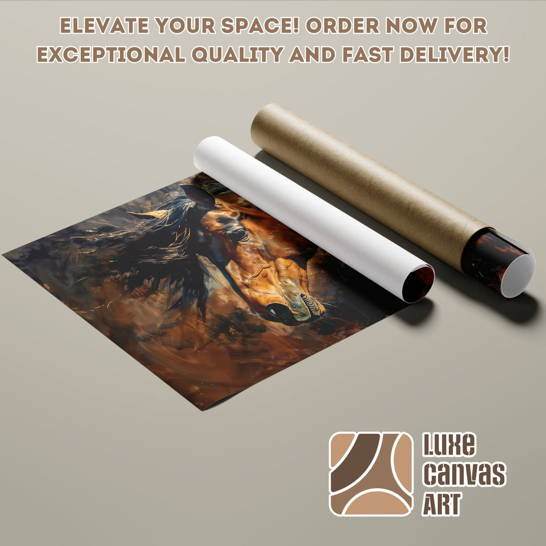Horse art poster roll in warm brown tones. Elevate your space with this stunning art piece!