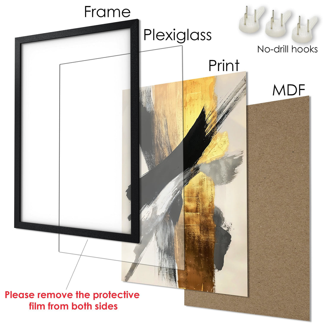 Framed Poster featuring abstract art in gold, black, and gray. Modern style, perfect for home decor.