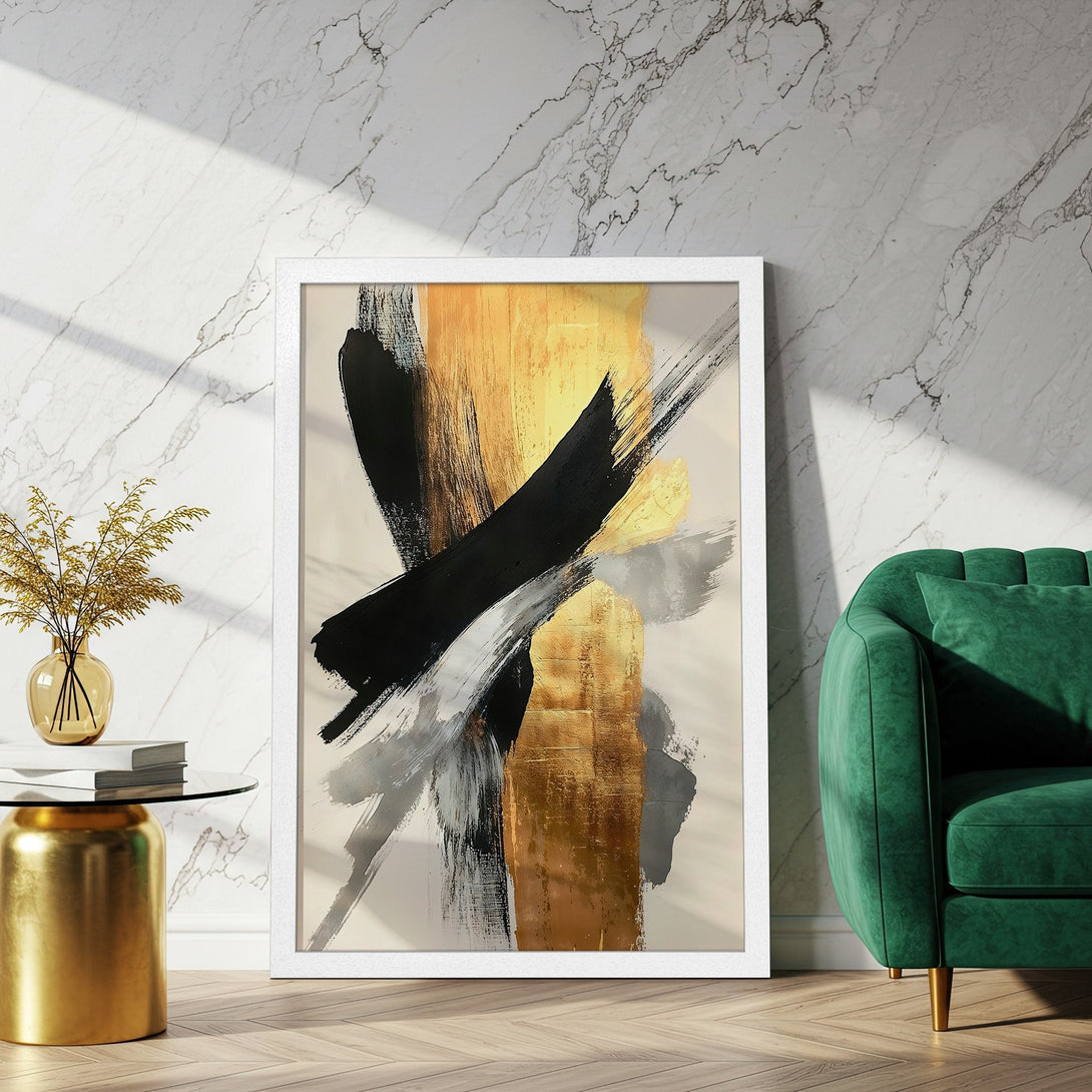 Framed Poster featuring abstract brushstrokes in gold, black, and gray on a white background. Modern art for home decor.