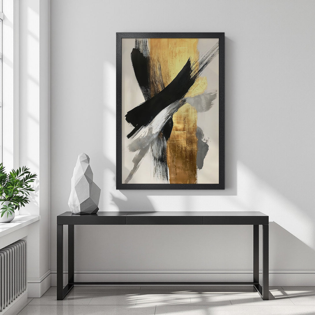 Framed Poster featuring abstract brushstrokes in black, gold, and gray. Modern art print for your home decor.