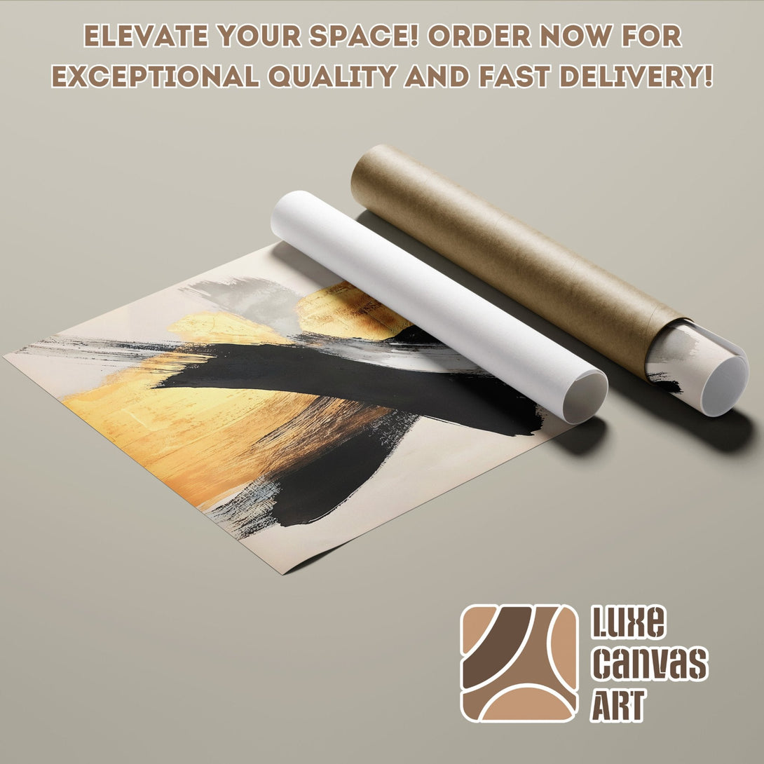 Abstract art poster roll with gold, black, and neutral tones. Elevate your space with this stunning poster!