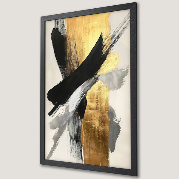 Framed Poster featuring abstract brushstrokes in black, gold, and gray on a neutral background. Modern art print for home decor.