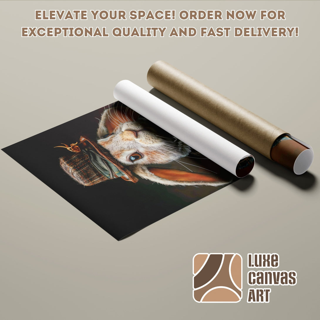 Poster Roll featuring a whimsical cat portrait, warm tones. Order your art poster today!