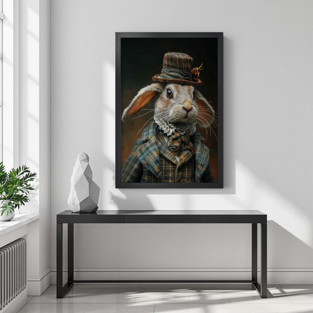 Framed Poster featuring a dapper rabbit in a plaid jacket. Artistic style with warm, earthy tones and a touch of whimsy. Perfect wall decor!