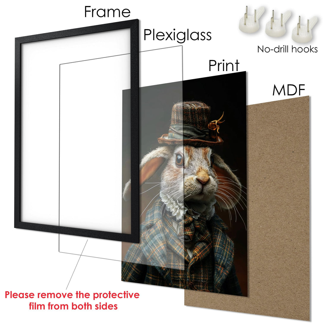Framed Poster featuring a dapper rabbit in a vintage style, with a warm color palette. Perfect wall art!